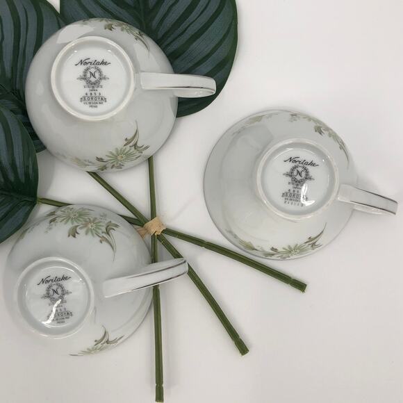 Vintage 3 Set Noritake White Green Floral Daisy Soroya 6853 Tea Cups & Saucers - Picture 8 of 10
